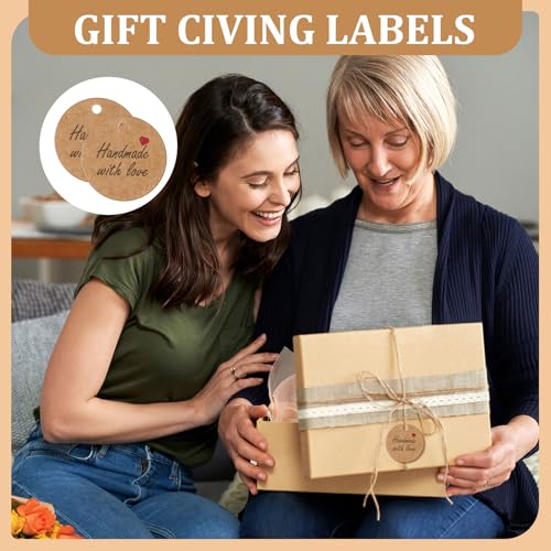 Nogeqi 100 Stück Geschenkanhänger Kraftpapier, Rund Handmade Mit Liebe Gemacht Anhänger, Handmade With Love Mini Gift Paper Tags Braune Etiketten Mit Jutekordel 20 Meter Für Hochzeit Valentinsta