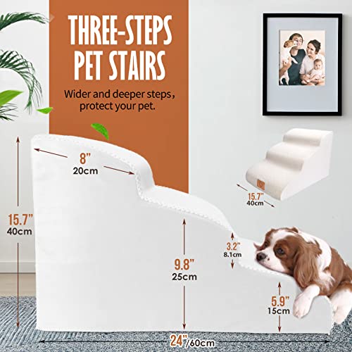 Kphico Foam Dog Stairs For High Bed Sofa,High Density Foam Pet Stairs 3 Tiers,Non-Slip Dog Ramps With Waterproof Removable Cover,Slope Stairs Best For Short Legs,Injured Dogs&Cats, White #TOP1