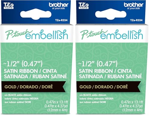 Image of Brother P-Touch Embellish Gold Print on Black Satin Ribbon TZER334 - ~ inch Wide x 13.1' Long for use with P-Touch Embellish Ribbon & Tape Printer (Pack of 2)