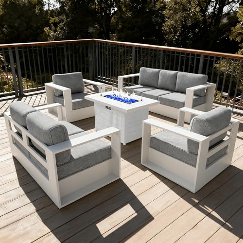 Image of LayinSun Oversized Aluminum Outdoor Furniture Set, 5 Piece Patio Sofa Sets with Fire Pit Table, Deep Seating and Upgraded 6-inch Cushions for Porch, Balcony, Deck