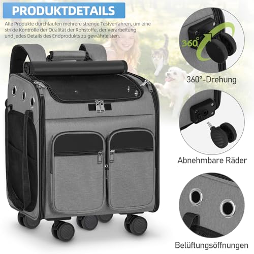OUUTMEE Haustiertragetasche, Tragetasche mit Rollen, Katzentragetasche mit Rollen, für Katzen und kleine Hunde, 4-Wege-Handtasche, multifunktionaler Rucksack, atmungsaktiv Grau
