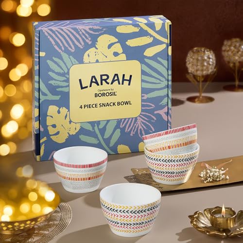 Image of Larah by BOROSIL Opalware Bowl | Microwave & Dishwasher Safe Dinner Bowls for Salad, Fruits, Dal, Maggi, Snacks, Cereal | Breakfast Bowls | Ideal Crockery for Gifting (Boho & Rhythm, 4pc Set)