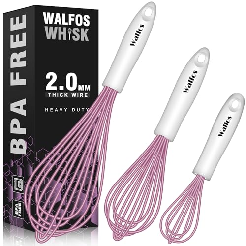 Image of Walfos Whisk, Silicone Whisks for Cooking & Baking Non Scratch Rubber Coated Pink Whisk for Non-stick, Perfect for Frothing, Blending, Beating and Whisking (3pack Pink)
