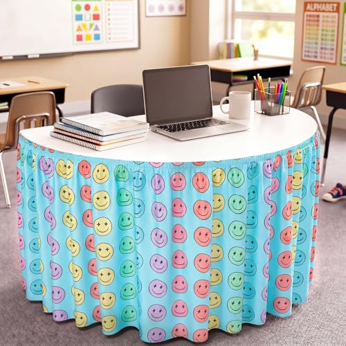 Image of Oudain 14 ft Smiling Face Table Skirt Cloths for Teacher Desk Cartoon Wrinkle Smiling Face Table Cover Skirt for Kindergarten Classroom Kidney Shaped Desk Back to School Supplies