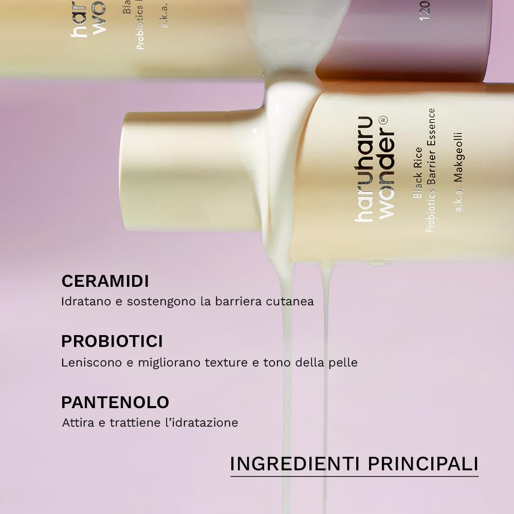 haruharu wonder Black Rice Probiotics Barrier essence 120ml, Tonico Essenza rinforza la barriera cutanea, con ceramidi, ingredienti fermentati, idrata, rimpolpa, lenisce
