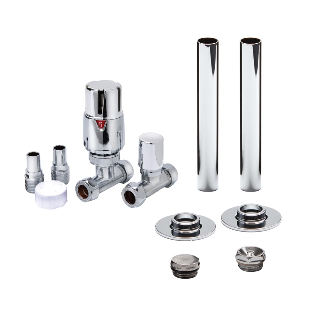 Milano Chrome Straight Heated Towel Rail Radiator Thermostatic Lockshield Valve Pipe Connector Kit