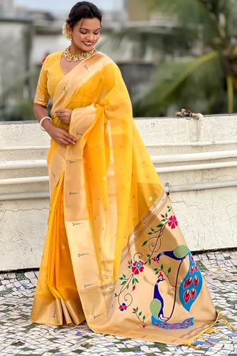 Image of SGF11 Women's Organza Kanjivaram Pure Soft Silk Handloom Saree Pure Golden Zari With Blouse Piece
