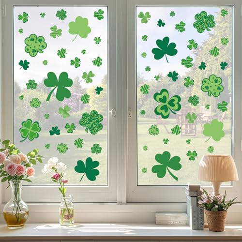 Image of St Patricks Day Window Clings Decorations, Shamrock Decor for Home, Office | 8 Sheets Window Sticker for Glass Windows, Clover Decals for Mirrors, Glass Doors, Reusable Irish Party Indoor Decoration