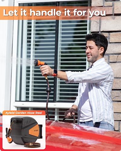 Image of Ayleid Retractable Rubber Hybrid Garden Hose Reel, 1 /2 inchx100ft Wall Mount | Anti-freeze, kink-free premium rubber hybrid hose, 24-month warranty, 9-pattern sprayer, any-length lock, slow auto-return.