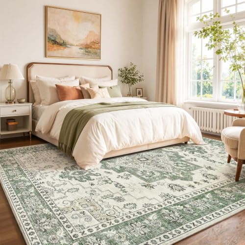 TOPICK Vintage Kurzflor waschbar faltbar Teppich Wohnzimmer 240x340 Grün – Ansicht 1