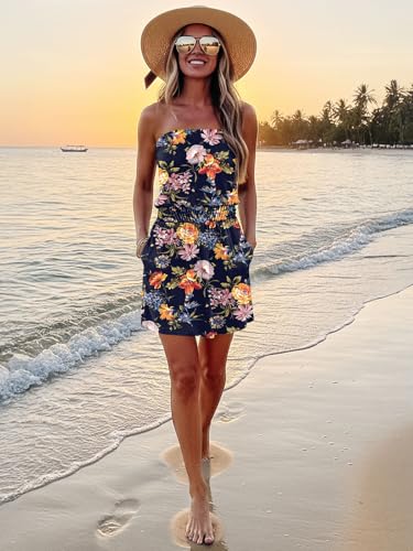 Image of SAUKOLE Summer Dresses for Women Bandeau Strapless Smocked Elastic Waist Sundress Tube Mini Dress with Pockets