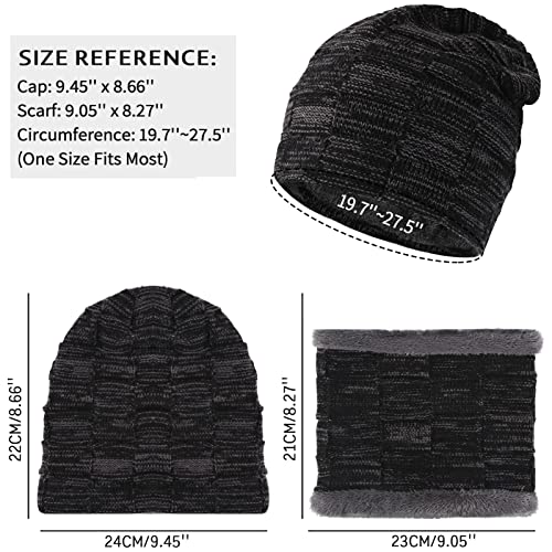 Mens Winter Beanie Hats Scarf Set Warm Knit Hats Skull Cap Neck Warmer With Thick Fleece Lined Winter Hat & Scarf For Women A-Black #TOP2