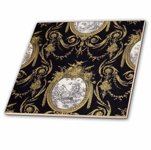 3dRose French Toile Gold and Black Ceramic Tile, 4