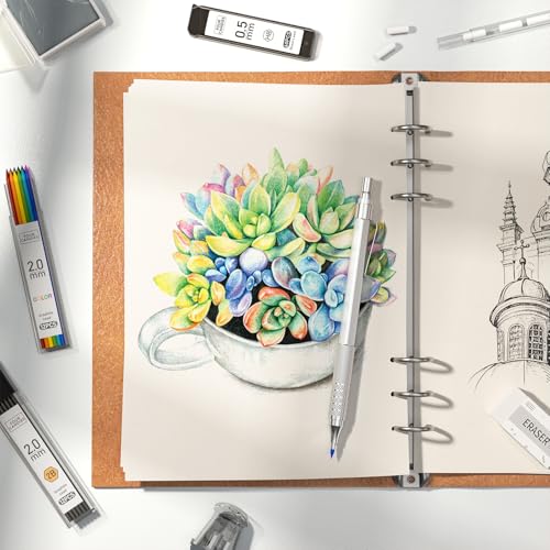 Image of Four Candies Metal Mechanical Pencil Set, 4PCS 0.3, 0.5, 0.7, 0.9MM Mechanical Pencils & 2MM Drawing Pencil with 9 Tubes Lead Refills (4B 2B HB 2H Color) for Student Writing Artist Sketching - Silver