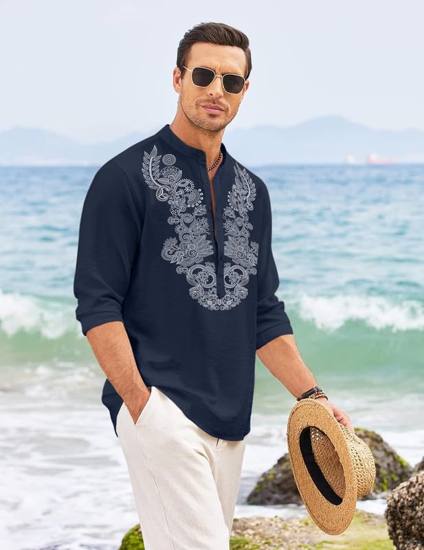 Image of FINIVO FASHION Men's Cotton Blend Short Kurta with Full Sleeves and Ethnic Neck Design | Casual Crinkle Texture Kurta with Mandarin Collar