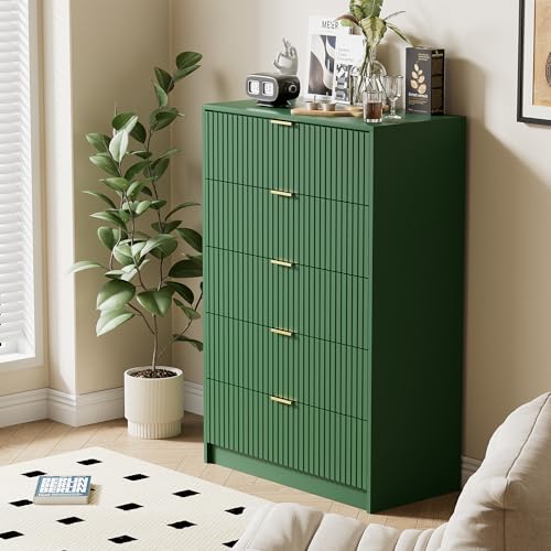 Image of Furniway Green Dresser for Bedroom, Modern Dresser with 5 Drawers and Smooth Slides, Wide Chest of Drawers with Golden Handles for Bedroom, Living Room, Closet, 15.7 inch D x 31.5 inch W x 47.2 inch H
