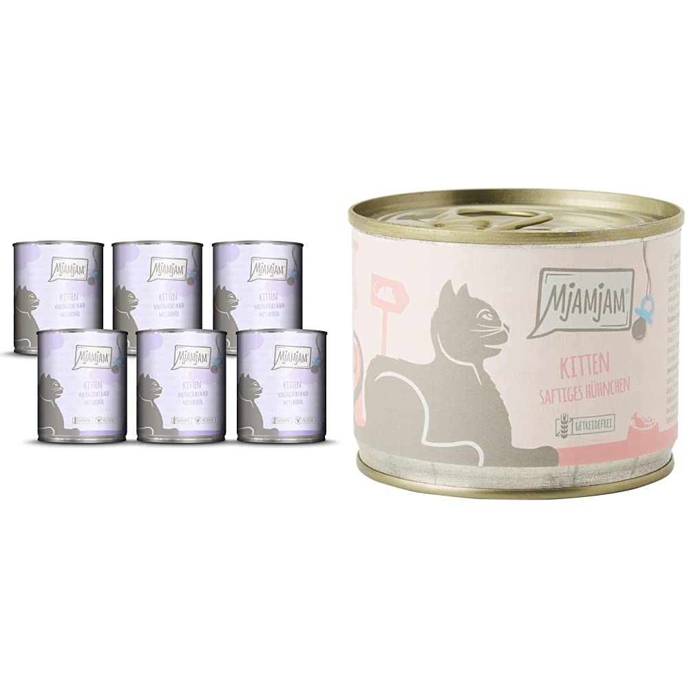 MjAMjAM Kitten vorzügliches Kalb mit Lachsöl 6x800 g (1 x 4800 g) & Premium Nassfutter für Katzen - Kitten saftiges Hühnchen mit Lachsöl - getreidefrei mit extra viel Fleisch, 6er Pack (6 x 200 g)