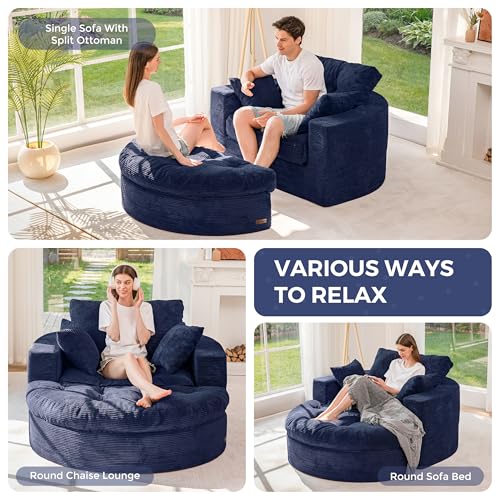 Image of MAXYOYO Modular Sectional Chaise Lounge Sofa, Round Upholstered Lounge Chair with Ottoman, Comfy Couch with Layered Cushion, Tufted Sleeper Chair for Living Room, Navy