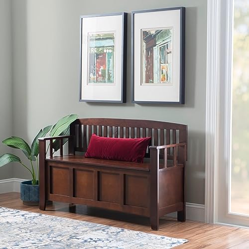 Image of Copper Grove Migdalia Flip Top Slat Back Storage Entryway Bench Brown Walnut Finish