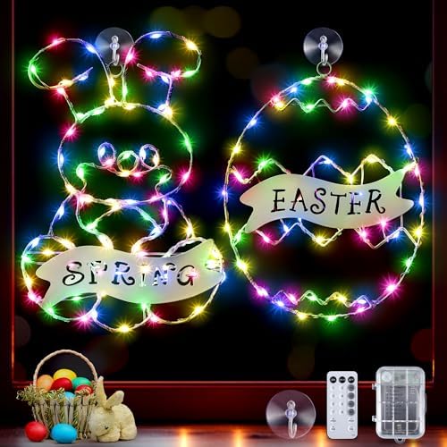 Meonum 2 Pcs Easter Egg Bunny Window Lights, 146 Mini LED Easter Lighted Window