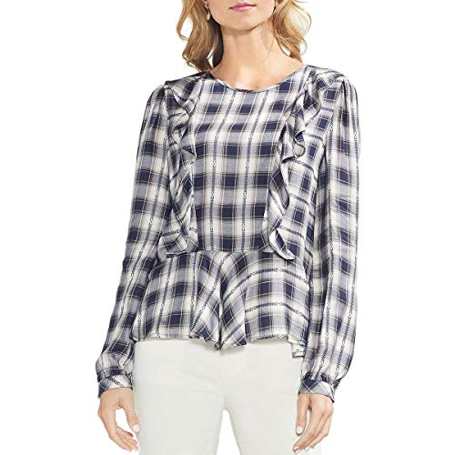 Vince Camuto Womens Plaid Ruffled Blouse Navy XL