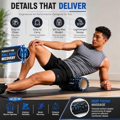 Image of LeCore High Density EVA Foam Roller 30cm for Deep Tissue Massage, Muscle Recovery, Back Pain Relief, Yoga & Physiotherapy | Trigger Point Massage Roller for Stretching, Gym Workout & Fitness | Blue Black Marble