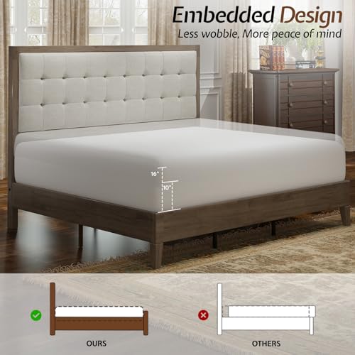 Image of Jocisland Queen Bed Frame Solid Wood,50 inch Upholstered Headboard,Ash Gray