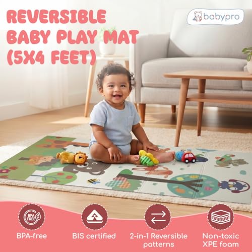 Image of BabyPro 5mm Reversible Baby Playmat, 5 x 4 ft Foldable Mat, Jungle Galaxy | Waterproof, BPA-Free XPE Foam, Non-Toxic Bounce-Back Cushion, XL