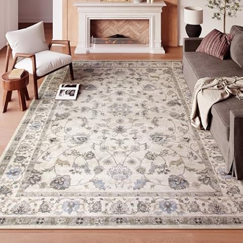 Wonnitar Boho Floral Large Rugs for Living Room, Washable 8x10 Area Rugs, Low Pile Non Slip Soft Floor Carpet for Bedroom Dining Room Home Office Department,(Grey-Beige,8x10) Cover