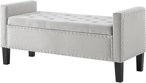Miniatura 4 de 24KF Terciopelo moderno tapizado botón de almacenamiento banco con brazos para dormitorio, entrada sala de estar suave asiento acolchado - gris