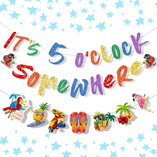 Image of It's 5 O' Clock Somewhere Summer Banner, Beach Hawaii Decoration, Tropical Parrot Banner, Nautical Cocktails Drinks Bar Party Supplies