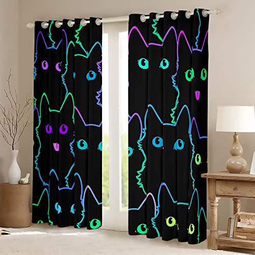 Loussiesd Cartoon Cat Curtain for Bedroom Children Pet Cats Darkening Window Dreapes Cute Kitten Neon Light Blackout Curtains3D Animal Cat Lover's Window Treatments W66*L90 - Image 2