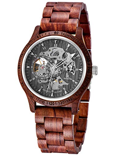 Alienwork Montre Automatique Homme Rouge Bracelet en Bois Noir Squelette Cover