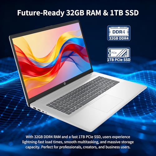 Image of HP 17 inch Touchscreen Laptop Computer, 32GB RAM, 1TB SSD, 17.3 inch HD+ Touch, Intel 10 Core i7 1355U, Backlit Keyboard, Copilot AI, Wi-Fi 6, Windows 11 Pro, Long Battery Life, Laptop for Business