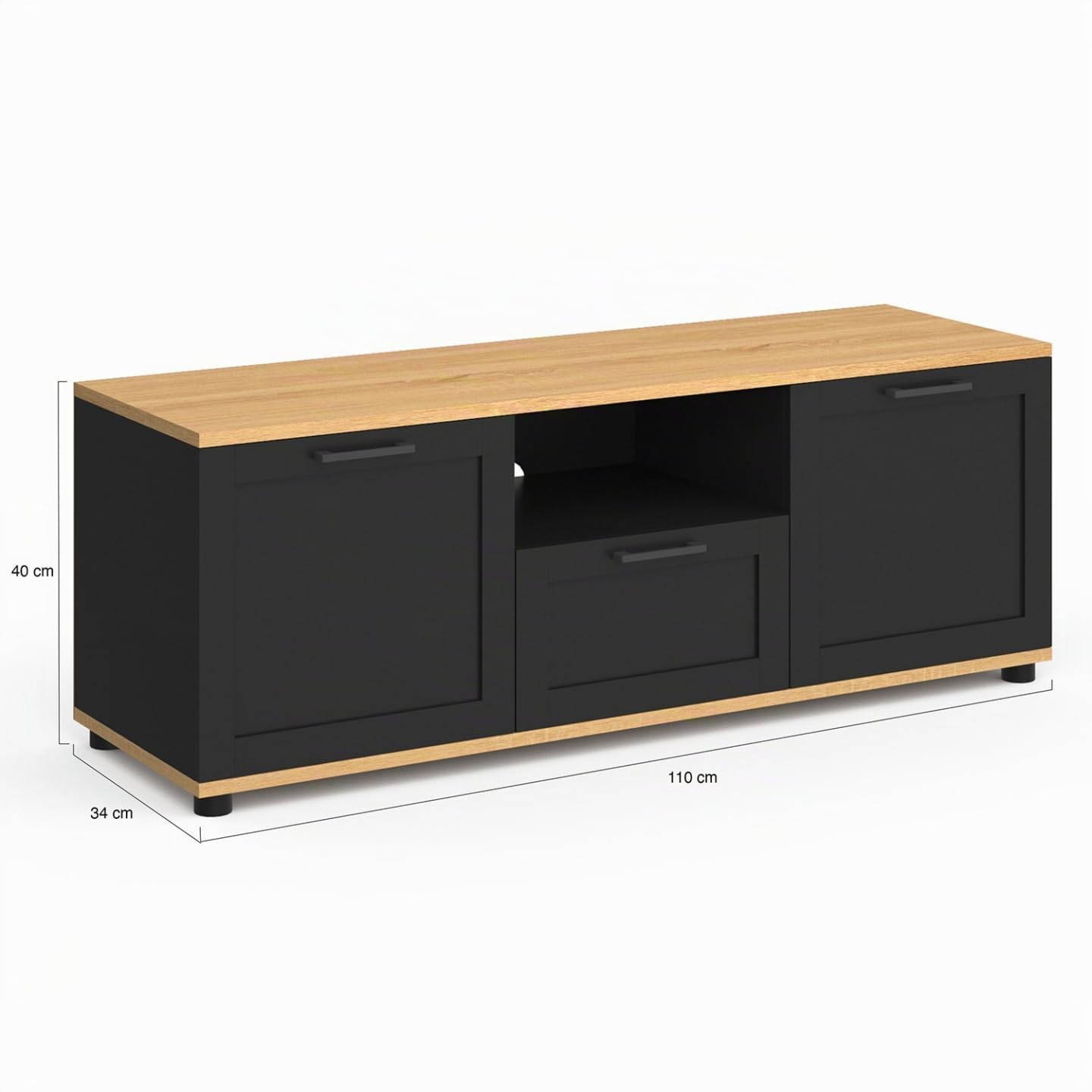 IDMarket - Mueble TV VITO con cajón y hornacina negros y tapa de madera de 110 cm