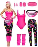 7 Pcs 80s Workout Costume 80s Accessories Set 90s Leotard Legging Headband Wristbands Leg Warmers Earrings(Medium)