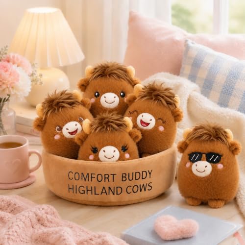 Image of Emotional Support Highland Cow Plush Set, 5 Soft Squishy Toys Stuffed Animal with Carrying Basket, Cute Cuddly for Loved Ones of All Ages, Stress Relief Funny Gifts (Highland Cow)