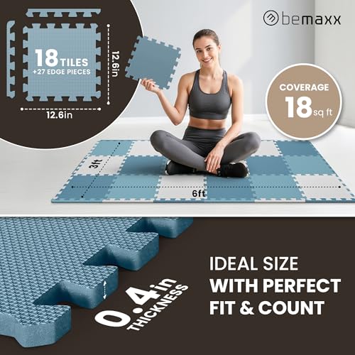 Image of bemaxx Gym Mats Set - 18 pcs EVA Interlocking Foam Floor Tiles (12.6 inchx12.6 inchx0.4 inch) 18sqft Protective Gym Flooring Sports Home Workout Exercise Mats Puzzle Garage Fitness Play-Room Pool Treadmill Bike