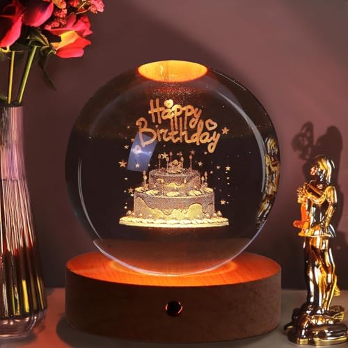 Image of Crystal Ball Birthday Night Light 3D LED Room Lamp Wooden Base Happy Birthday Gift Decor for Kids & Loved Ones