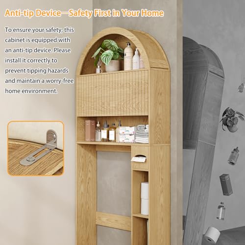 Image of 31 inch W Arched Over The Toilet Storage Cabinet, Fluted Doors, Natural