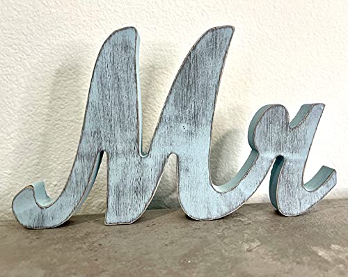 Mr & Mrs Wood Sign Wedding Decorations For Bride & Groom Reception Head Table. Wooden Letters For Married Couple's Centerpiece, Engagement & Bridal Shower Party Or Wedding Cake Table. (Rustic Blue) #TOP2