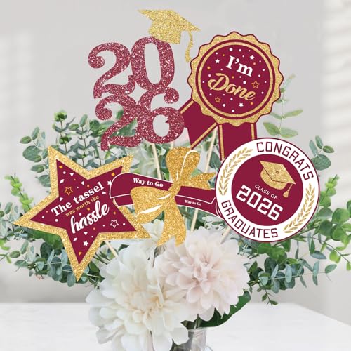 Image of Graduation Decorations for Class of 2026-60pcs Glitter Maroon Party Table Centerpieces Sticks with LED String Lights for College High School 2026 Graduation Party Favors Supplies