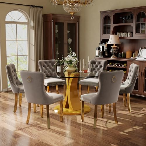 Image of 7-Piece Dining Table Set with 47In Tempered Glass Table and 6 Velvet Upholstered Chairs, Modern Scandinavian Furniture for Dining Room Kitchen(Gray&Gold)