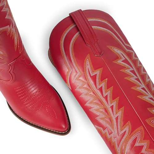 ISNOM Cowboy Boots for Women Knee High Cowgirl Boots with Classic Embroidered Pointed Toe Chunky Heel Pull On Fashion Retro Western Tall Boots3