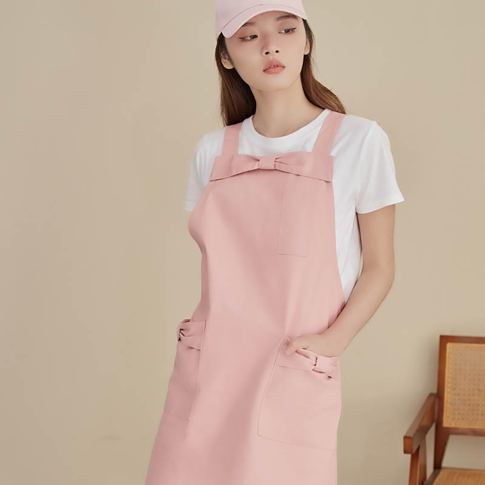 Tablier De Cuisine pour Femme, Tablier De Travail Réglable À Dos Croisé, Joli Tablier Imperméable À Nœud avec Poches,One Size,Pink