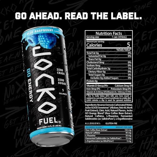 Image of Jocko Fuel GO Energy Drinks, Blue Raspberry - 95mg Caffeine with Added Adaptogens, Vitamin B12 & B6, & L Theanine for Mood & Focus Support, No Sugar, 12 Pack - Packaging May Vary
