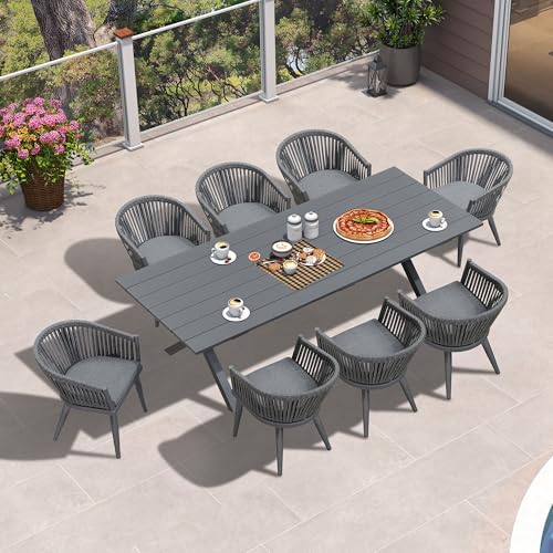 Image of PURPLE LEAF 9 Piece Longer Outdoor Dining Set with Patio Aluminium Dining Table and Wicker Chairs Modern Furniture Cushions Sets for Backyard Indoor Decor Kitchen Gray