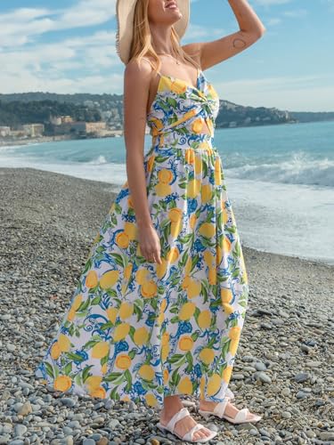 Image of CUPSHE Summer Dress for Women V Neck Sleeveless Floral Cutout Smocked Ruffled Maxi Formal Beach Dress