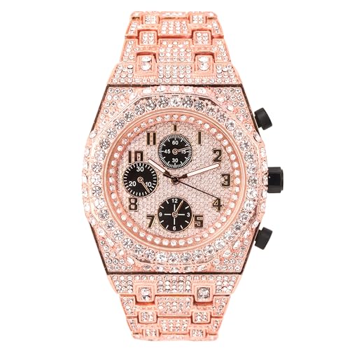 ICE STAR Men’s 42mm Fully Iced-Out Octagon Watch – Diamond Bezel, Luxury Hip-Hop Timepiece, Quartz Movement, Gift for Him - Rose Gold Dial