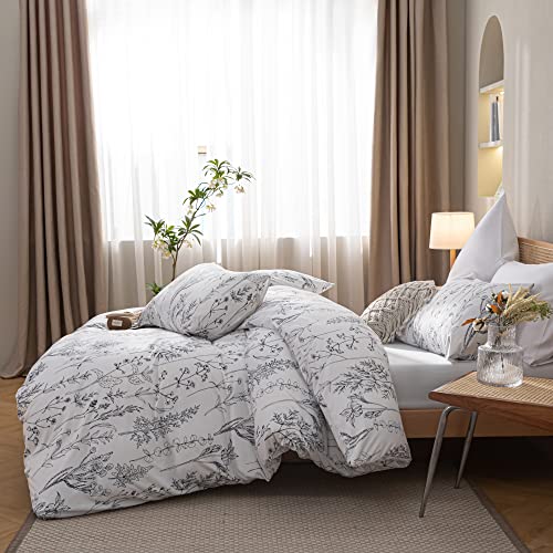 Janzaa 3Pcs White Comforter Set King, Soft Microfiber Bedding Plant Printed On White Comforter With 2 Pillow Cases For All Seasons(King) #TOP5